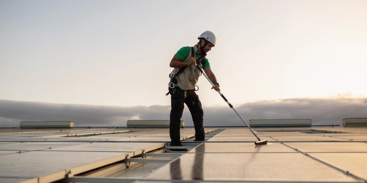 Solar Panels for Office Buildings. An image of a man cleaning solar panels on a roof. 