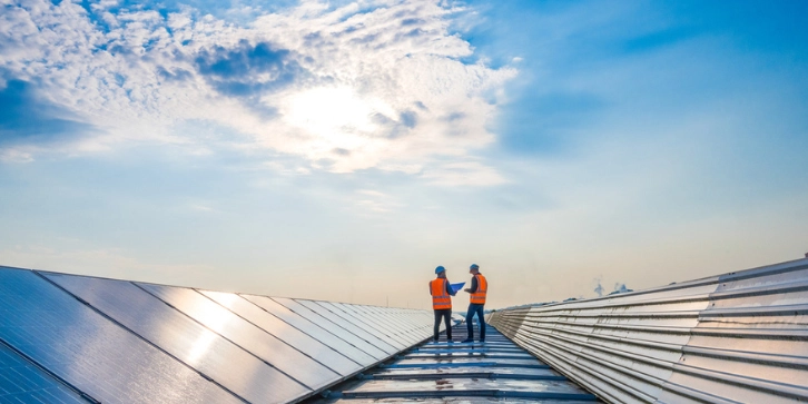 Solar panels for office buildings. An image of two technicians in the distance discussing between long rows of photovoltaic panels which have been installed on an office building roof. 