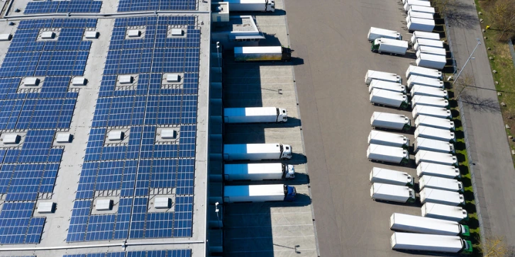 Solar Panels for Warehouse. An image of a large distribution warehouse with solar panels on the roofs and trucks.