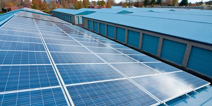 Solar Panels for Warehouses. An image of a warehouse building with a completed large-scale solar panel installation.
