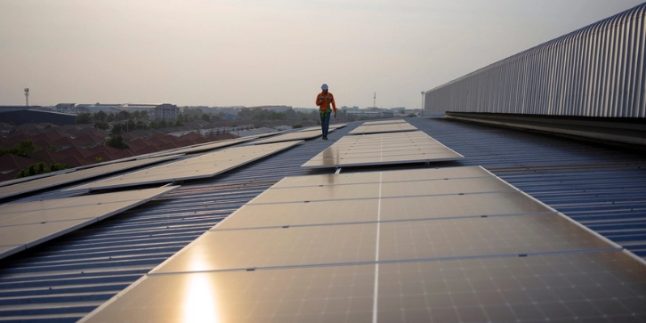 Solar panels for factory buildings. An image of a worker in the middle of installing solar panels on a factory rooftop.